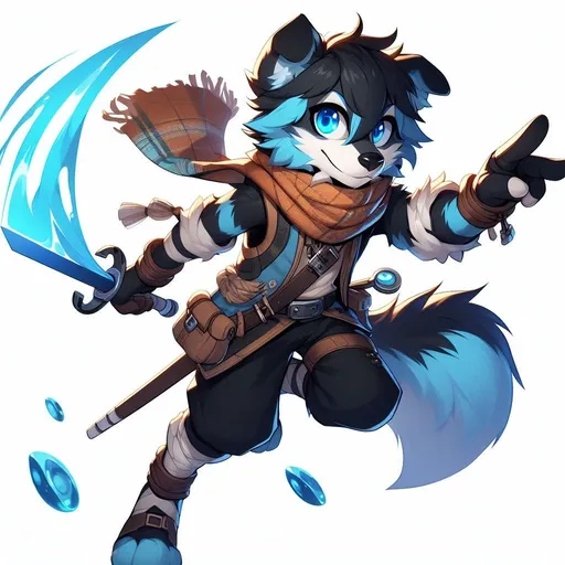 Prompt: Bluey the furry, an anthropomorphic dog, with more large black and brown patches on his coat, dressed as Tartaglia from Genshin Impact with a scarf and a longer water blade, in a dynamic action pose, with bright blue eyes and three fingers on each hand
