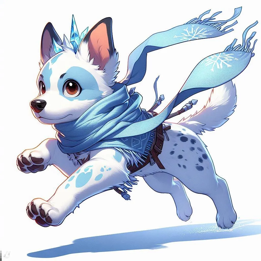 Prompt: Bluey the cattle dog, walking on two feet like a human, dressed as Tartaglia from Genshin Impact with a bow made of ice, in a dynamic but adorable pose