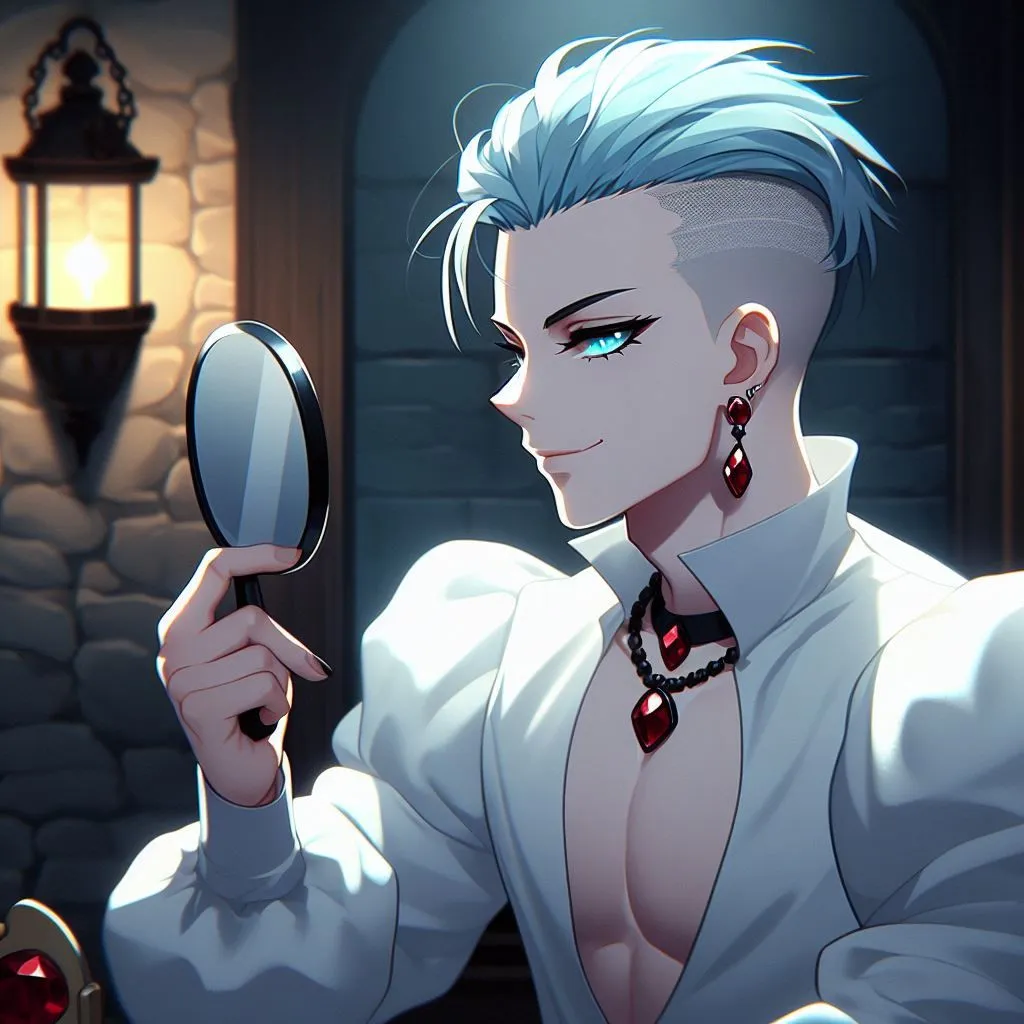 Prompt: anime, cartoon, adult male, attractive smirk, thick black eyeliner, cute ice blue hair, ice blue eyes, side shaved haircut (one side full buzzcut), handsome form fitting puffy white shirt, red ruby earing, red ruby necklace, looking at a hand mirror doing his make-up by the light of a dungeon torch on the wall.