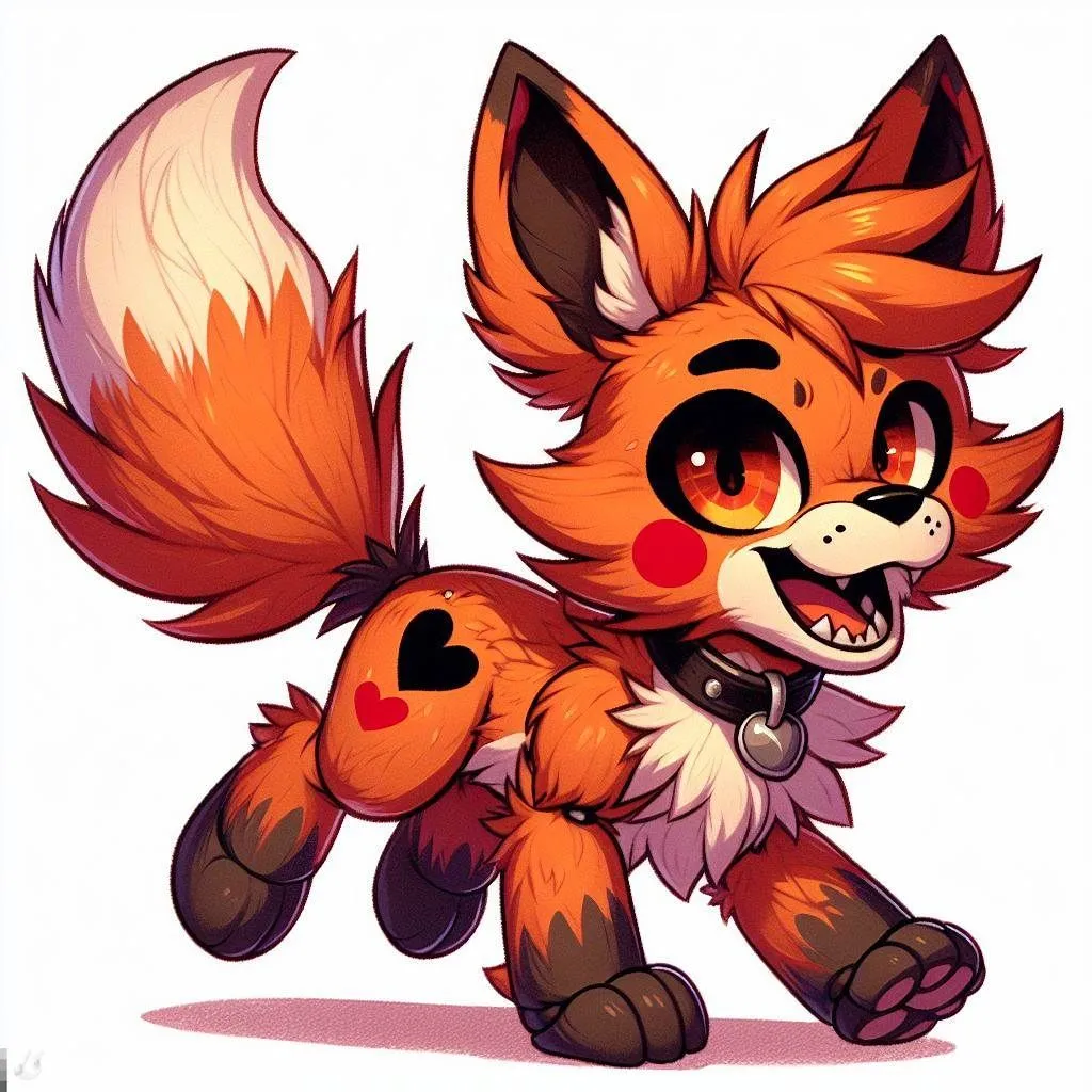 Prompt: Foxy from Five Nights at Freddys drawn in the style of Gen 4 My Little Pony, Adorable, Cute, sharp teeth, orange eyes, black patch over left eye, very fluffy, on all fours, full body, in ponyville, heart cutie mark