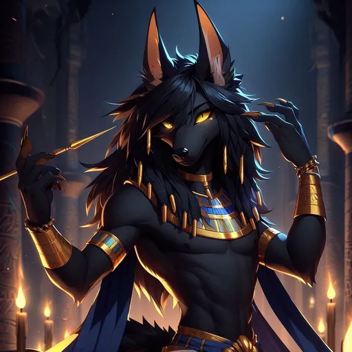 Prompt: anime, cartoon, furry, youthful, flirty, a slender fully black jackal, black dreds, the god Anubis, golden eyeliner, bright golden eyes, anthropomorphic, detailed fuzzy fur, Egyptian Jewelry, blue and gold arm bracers, golden loin cloth, in a dark temple being lit up by torches, long/tall gold pointed ears, long lean majestic pointed black (Borzoi) muzzle
