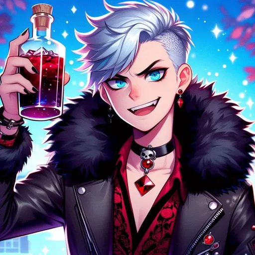 Prompt: cartoon, anime, young male with ice blue side shaved haircut, Black leather jacket with black fur (thick winter coat) around the rim, fancy black and red shirt, red ruby diamond shaped necklace, bright blue devious eyes, red earing, devilish expression, red and black shirt, a vile of ale in his hand raising it in the air, vibrant background