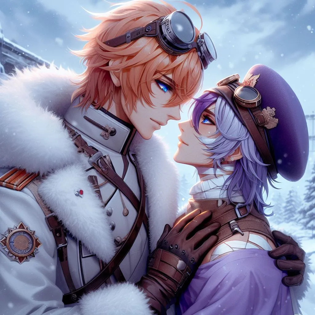 Prompt: Tartaglia from Genshin Impact (short messy orange hair/Ahoge) bright blue eyes in a grey and white russian uniform with white fur on the rim, kissing a man with a purple hair (shaved on one side) with long hair falling infront of one eye (blue eyes) Purple open shirt with bandages under it, steampunk goggles on his head, madly in love, hands wrapped around each other, looking at each others eyes lovingly, in a snowy Russian winter background