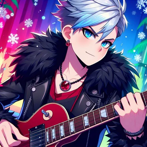 Prompt: cartoon, anime, young male with ice blue side shaved haircut, Black leather jacket with black fur around the rim, red ruby necklace, bright blue devious eyes, red earing, red and black shirt, playing Gibson Guitar, vibrant background