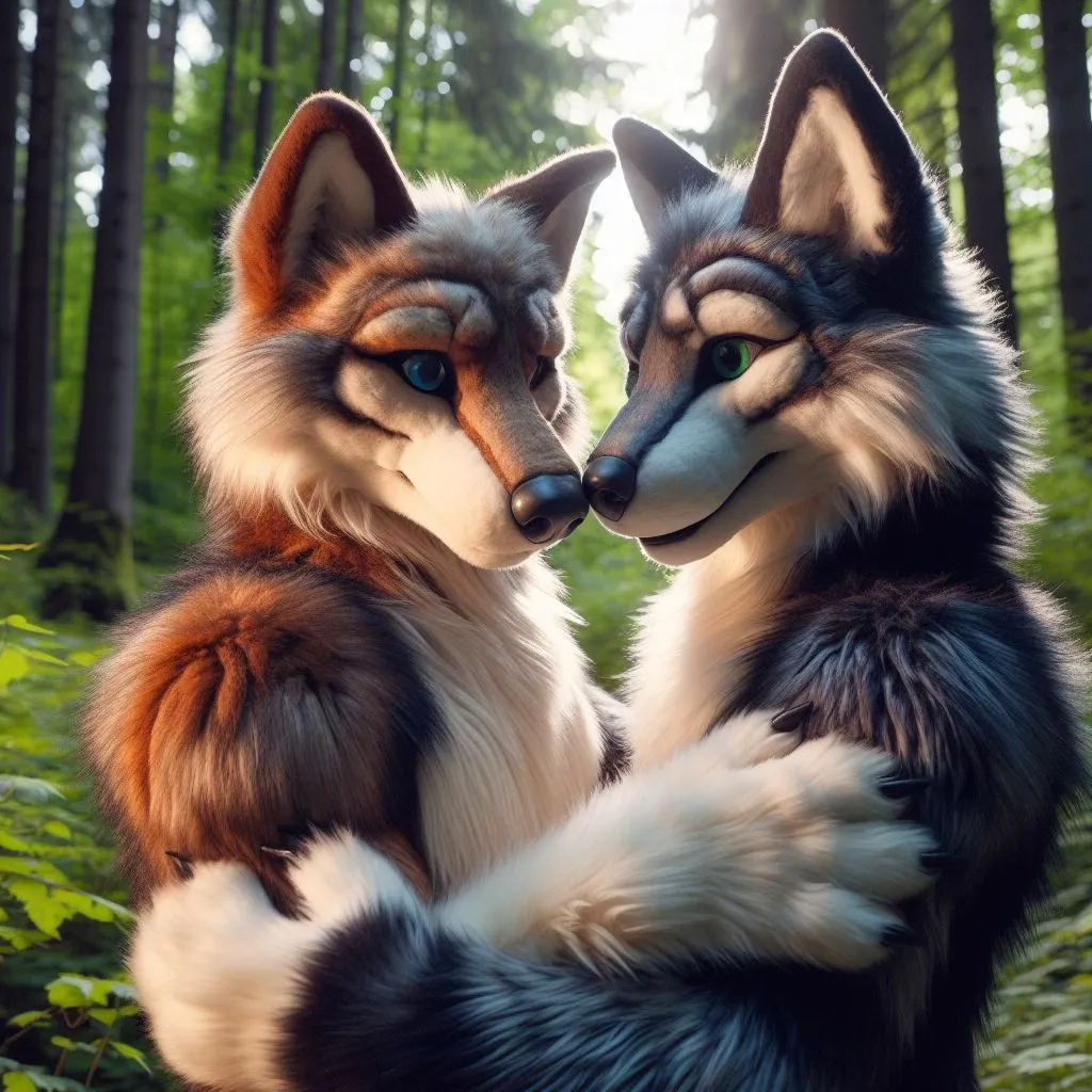 Prompt: Two werewolves hugging each other in realistic fursuits with faces looking at each other in a forest.