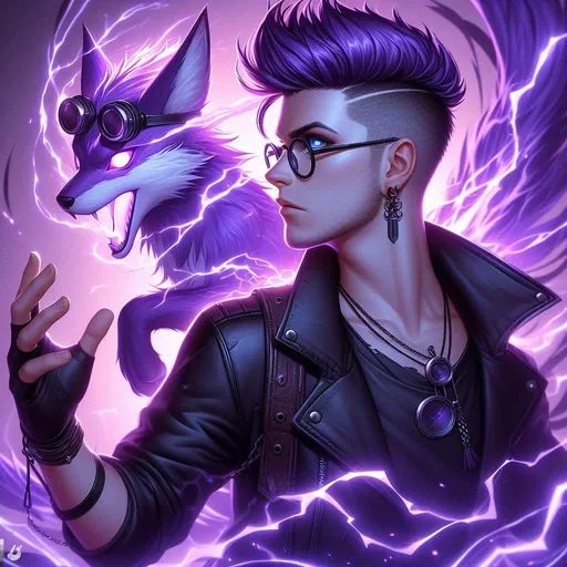 Prompt: a more masculine adult man with a purple undercut haircut, blue eyes, summoning a purple Kitsune with electric glow. He has glasses resting ontop of his head. His jacket is black leather open showing a ripped shirt, black gloves, In a dynamic pose like 4, surrounded by a glowing purple electrical aura. The man has an electric aura surrounding him as he commands the lightning fox, with more purple aura around him, and steam punk goggles on his head