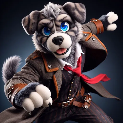 Prompt: an American Staffishire terrier, furry, an anthropomorphic dog, with floppy ears, a brindle coat, and a thicker more square like skull, dressed as Tartaglia from Genshin Impact with a grey suit and a red scarf, in a dynamic action pose, with bright blue eyes, and a more accurate outfit based on Tartaglia's original design