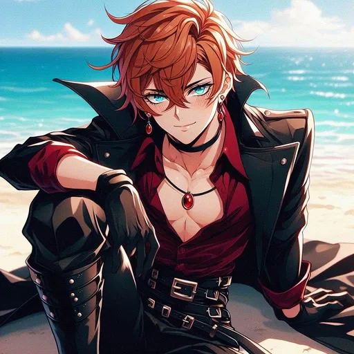 Prompt: anime, cartoon, Tartaglia, large ocean blue eyes, blush, smirk, Short messy orange hair falling between his eyes, single red gem earing (right side), tall muscular skinny male, wearing a dark black trench coat open, tight leather pants and tight crimson red dress shirt, black leather harness, form fitting, open top button on shirt, Knee high black buckled boots, handsome, alluring, tempting eyes, kneeling at beach background