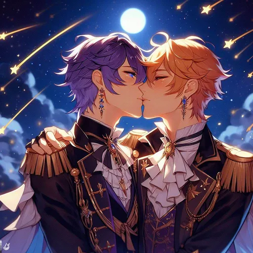 Prompt: two men kissing, in love, one with purple hair, one with orange hair, blue eyes, Tartaglia from Genshin inpact, elaborate clothing and earrings, surrounded by golden shooting stars on a moonlit night on a deep blue sky 