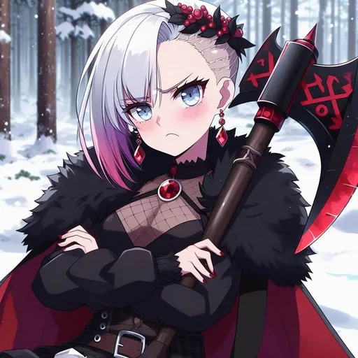 Prompt: anime, cartoon, adult female, big beautiful ice blue eyes, long white side shave (half head is buzzcut), arms crossed, pouty, gigantic red and black war ax on her back, long black coat with black fur rim and red embellishments, red ruby earrings, red ruby necklace, annoyed posture, head tilt, shoulder raise, sass, snowy forest background