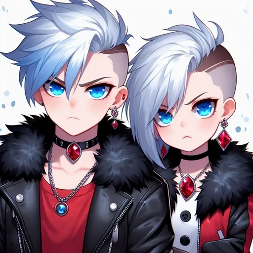 Prompt: cartoon, anime, young adult male with full ice blue side shaved haircut, Black leather jacket with black fur around the rim, red ruby diamond necklace, bright blue devious eyes, red earing, red and black shirt, with sister who has long white side cut, blue eyes, pouty face, black jacket with black fur rim and red shirt
