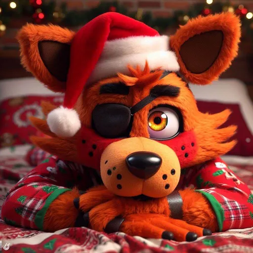 Prompt: create: foxy from five nights at freddy laying down on a bed resting his head on his hands, looking cute, eyepatch on left eye, cute fluffy fur, orange eyes, christmas themed bedroom, christmas pajama's, christmas bedsheets, santa hat