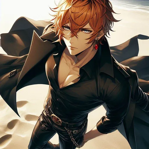 Prompt: Tartaglia from Genshin Impact, Short messy orange hair falling between his eyes, intense blue eyes, red gem earing, tall muscular skinny male, wearing a dark black trench coat open, tight leather pants and tight black dress shirt, form fitting, One open top button on shirt, Knee high black buckled boots, handsome, alluring, tempting eyes, standing on the beach strutting on the sand below his feet