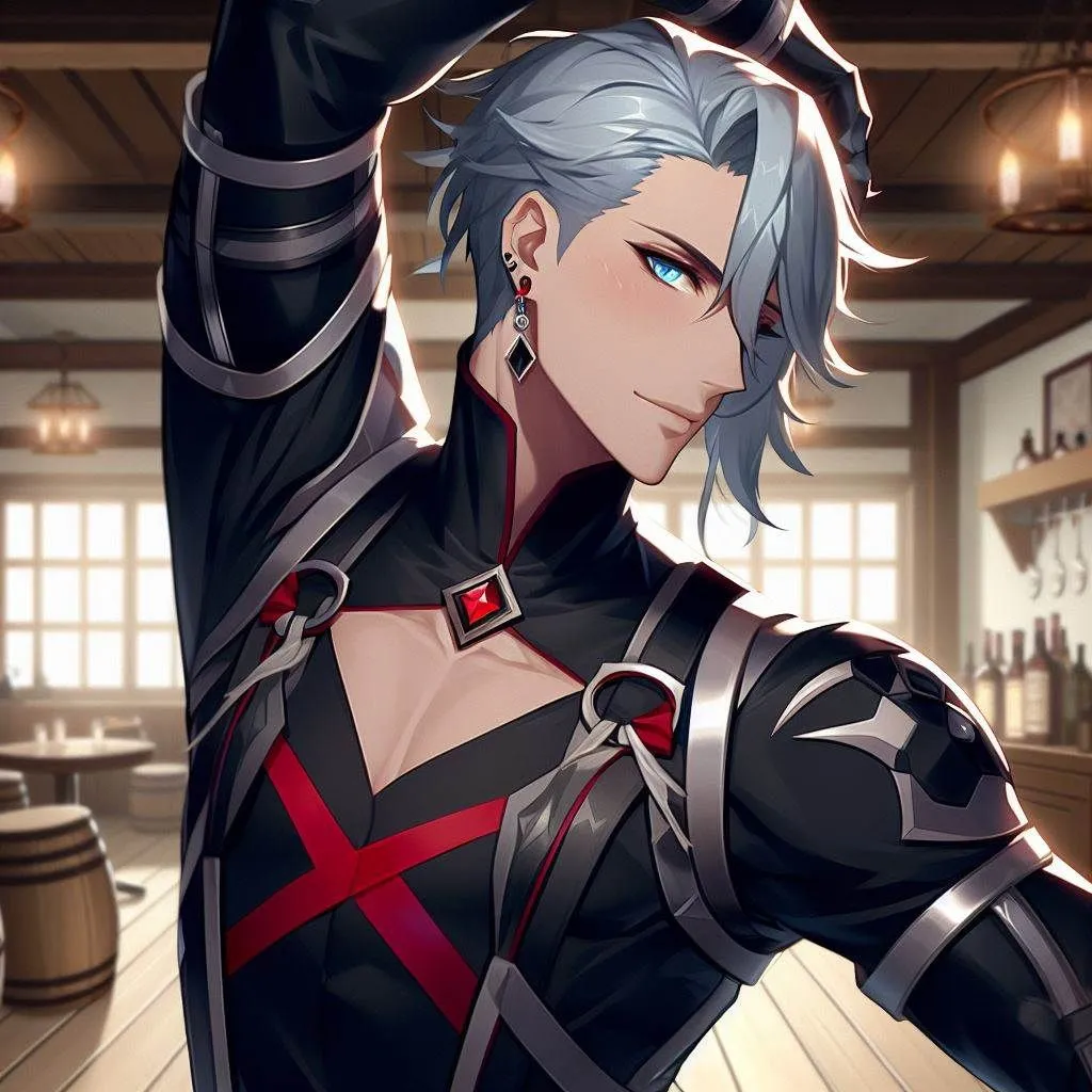 Prompt: fullbody dance, man with size shaved hair cut with ice blue hair that falls long over a single eye down to his mouth, ice blue eyes, has thick black form fitting leather armor with a large red x on the front, he wears a singlered gemstone earing on left ear, and a small red gemstone necklace, tall, lanky, very handsome, flirty, with a slight blush, genshin impact style, tavern backround