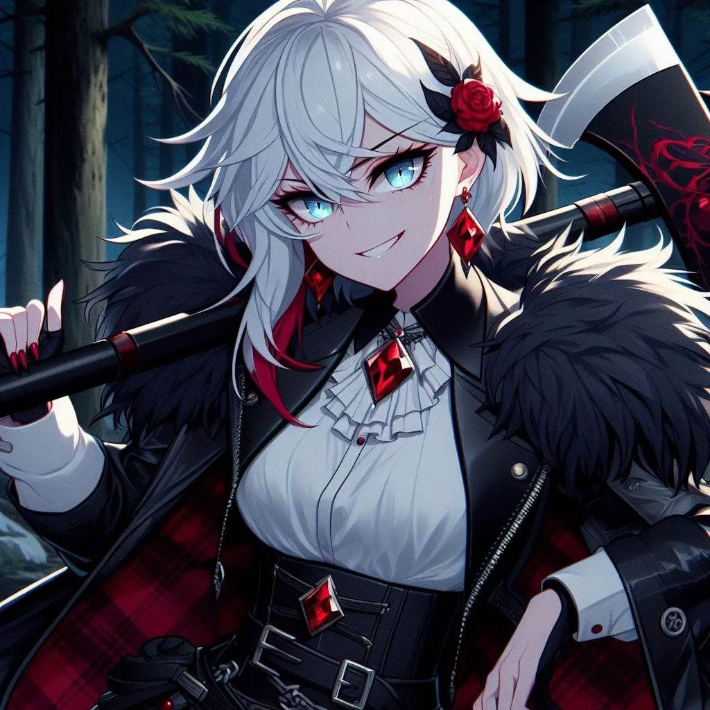 Prompt: genshin impact, cartoon, anime, undead, human, young adult female with long white side shaved haircut, Black leather jacket with black fur (thick winter coat) around the rim, fancy black and red dress shirt, red ruby diamond shaped necklace, bright blue devious eyes, red earing, devilish expression, vampire, leaning on the handle of her large black and red battle ax, dark forest, attractive