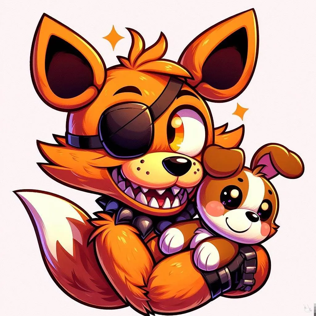 Prompt: The most adorable foxy from five nights at freddys. Holding a puppy, foxy has a black eye patch over his orange eyes and sharp teeth, very fuzzy, very kawaii, big eyes, 2d style, cell shaded, pixar/disney, snuggling the puppy on the side of his face, side view, less scary, mouth closed and smiling, looking at the puppy