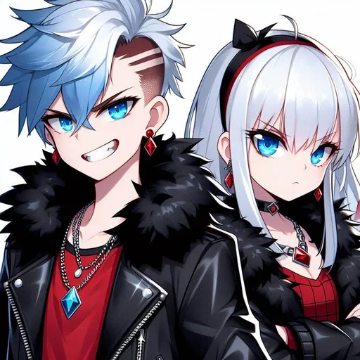 Prompt: cartoon, anime, young adult male with full ice blue side shaved haircut, Black leather jacket with black fur around the rim, red ruby diamond necklace, bright blue devious eyes, red earing, red and black shirt, with sister who has long white side cut, blue eyes, pouty face, black jacket with black fur rim and red shirt