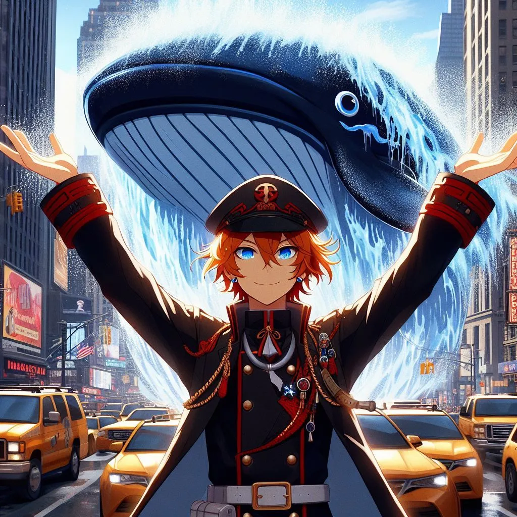 Prompt: Tartaglia from Genshin Impact raising his arms in the air towards the sky with two water blades, a giant whale made of water falls ontop of cars in time square, Short messy orange hair, bright blue eyes, red gem earings, black military uniform and hat, background manhatten/time square, protective, evil, Narcissistic, pride,