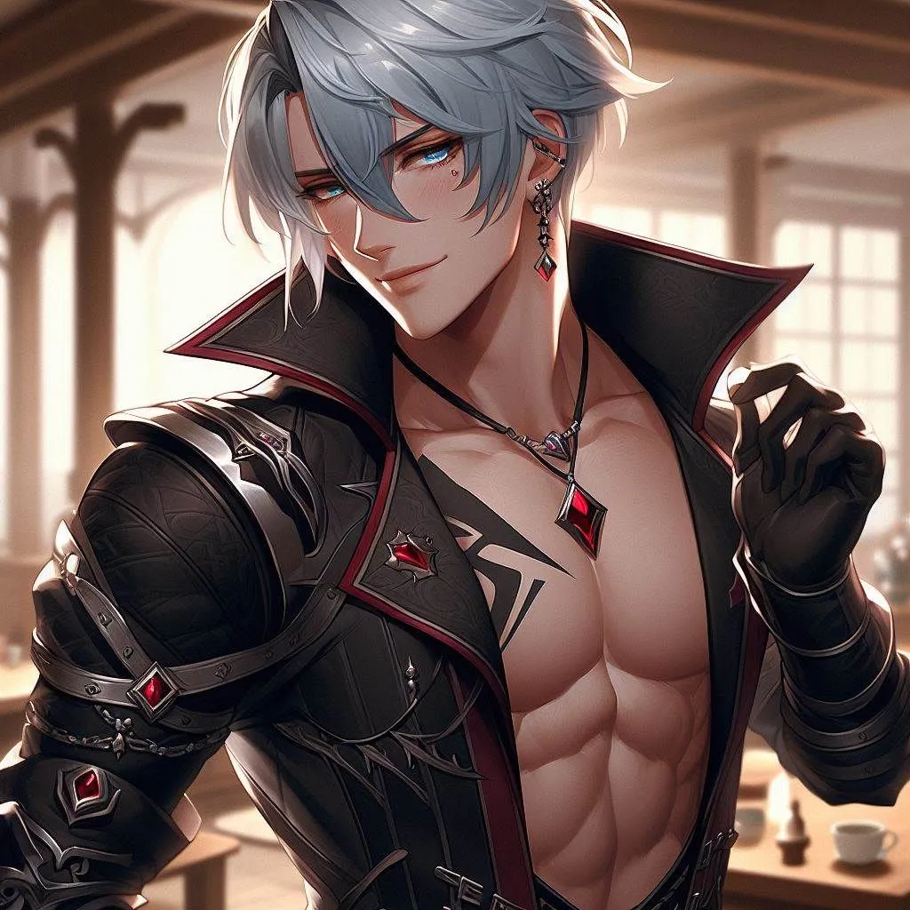 Prompt: fullbody dance, man with size shaved hair cut with ice blue hair that falls long over a single eye down to his mouth, ice blue eyes, has thick black form fitting leather armor with a large red x on the front, he wears a singlered gemstone earing on left ear, and a small red gemstone necklace, tall, lanky, very handsome, flirty, with a slight blush, genshin impact style, tavern backround