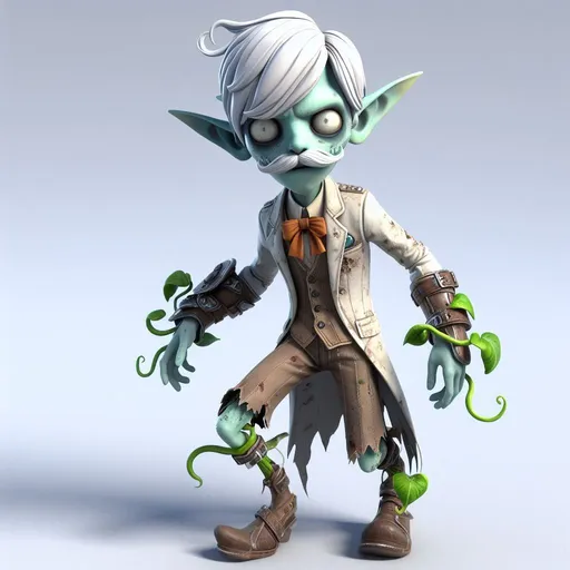 Prompt: A single Plants vs Zombie Zombie, wearing very proper looking elf attire, with elf ears, with parts falling off or dragging behind them, with a very light grey or blue skin color