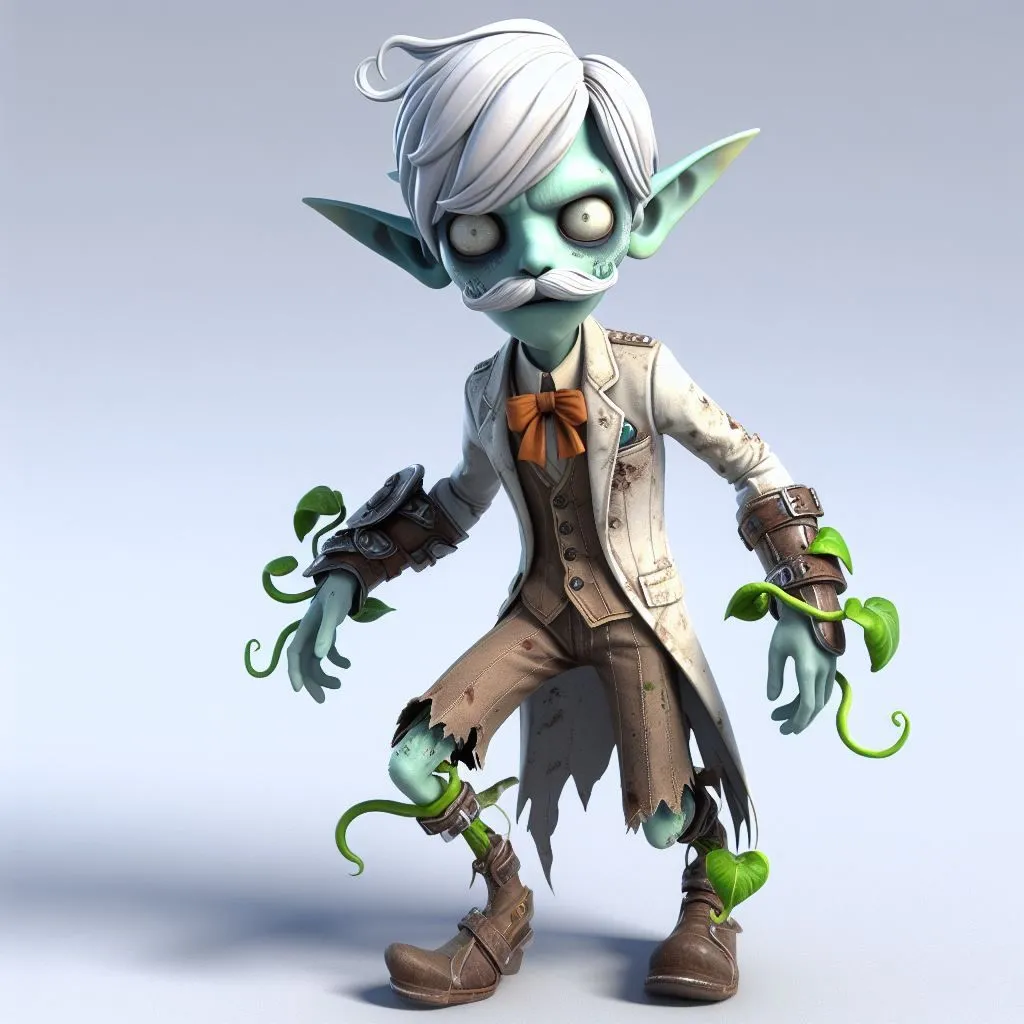 Prompt: A single Plants vs Zombie Zombie, wearing very proper looking elf attire, with elf ears, with parts falling off or dragging behind them, with a very light grey or blue skin color