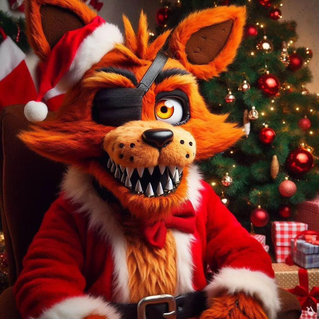 Prompt: foxy from five nights at freddys, fluffy orange realistic fur, orange eyes, left eye is covered by a black eyepatch, very sharp pointed teeth, dressed as Santa, sitting in santa's chair, surrounded by christmas tree and presents