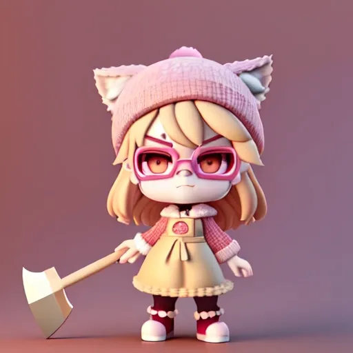 Prompt: 3D dark grey wolf with a scar on left eye and long fangs, wearing golden glasses, wearing pink flower apron, wearing pink knitted hat, wearing pink slippers. Right hand holds a blonze axe. His face looks blood-thirsty. Her eyes are red. Posting T-post, staring directly at the camera. In dark and foggy forest with a tiny old cottage on the left side. The sky is in crimson red with smoke far behind as background. 3D pixar style. -- ar 16:9