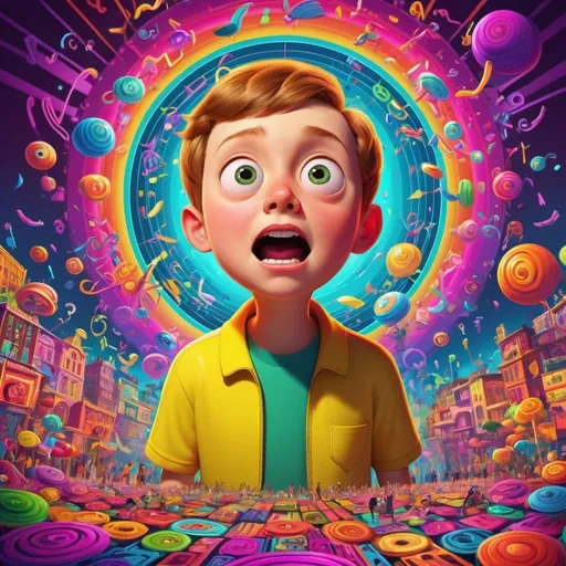 Prompt: (Morty Smith) getting schwifty, vibrant colors, dynamic lighting, energetic, humorous atmosphere, exaggerated expressions, cartoon-style, immersive setting, elaborate background with psychedelic patterns, floating musical notes, ultra-detailed, high-definition, animated series influence, fun and lively, vivid color palette, engaging scene, contemporary animation quality.