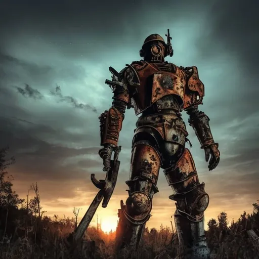 Prompt: In front of an abandoned factory stands a man in rusty post-apocalypse armor. His gaze is directed towards us, an axe in his right hand and an assault rifle in the other. It is sunrise and the stars are still visible in the blue sky. The factory is in the forest.