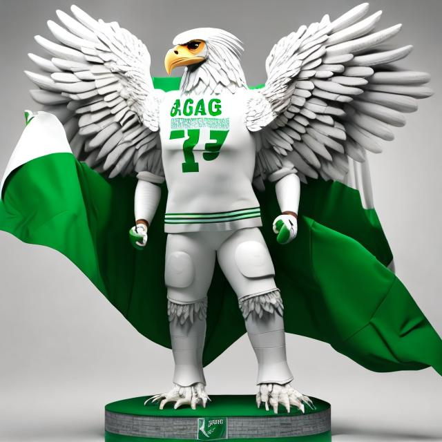 Prompt: A giant Eagle with a human body standing with pride wearing white and green with a football in its hand