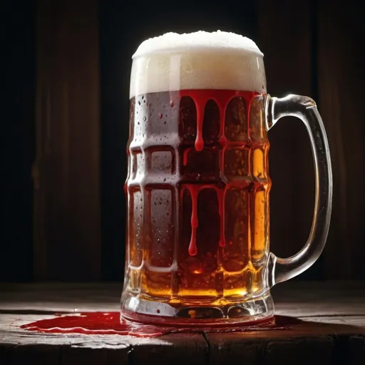 Prompt: (blood and sweat filled beer mug), gritty and surreal, dramatic lighting, visceral texture, hyper-realistic details, contrasting colors, eerie ambiance, tension-filled atmosphere, object on a rustic wooden table, dark background, cinematographic depth, 4K resolution, intense visual experience.