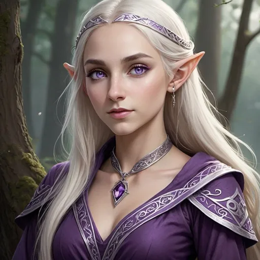Prompt: Race: Half-Elf
Height: 5'9"
Weight: 140 lbs
Hair: Long, silvery blonde
Eyes: Violet
Skin: Pale with a faint iridescent sheen
Clothing: Elegant robes of deep purple adorned with silver runes, a crystal amulet around her neck

