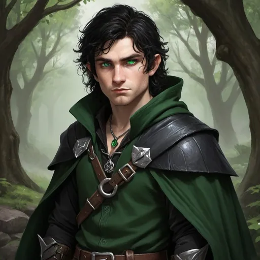 Prompt: Perrin Thorngage is halfling rogue, with black hair and emerald green eyes. He grew up in an orphanage. His best friend is firblog druid named Garruk who also grew up in the orphanage. Perrin goes perry. He wears a black cloak and carrys two daggers by his side. He wears a necklace with a thunderbolt pendant that a dagger called whisper were the only things left with him at the orphanage. 