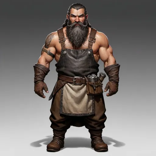 Prompt: Race: Dwarf
Height: 4'8"
Weight: 180 lbs
Hair: Thick, black beard braided with silver rings
Eyes: Dark brown, with a focused and intense gaze
Skin: Tanned and weathered from years of working the forge
Clothing: Wears a leather apron over sturdy, practical clothing, often with soot and smudges from the forge
