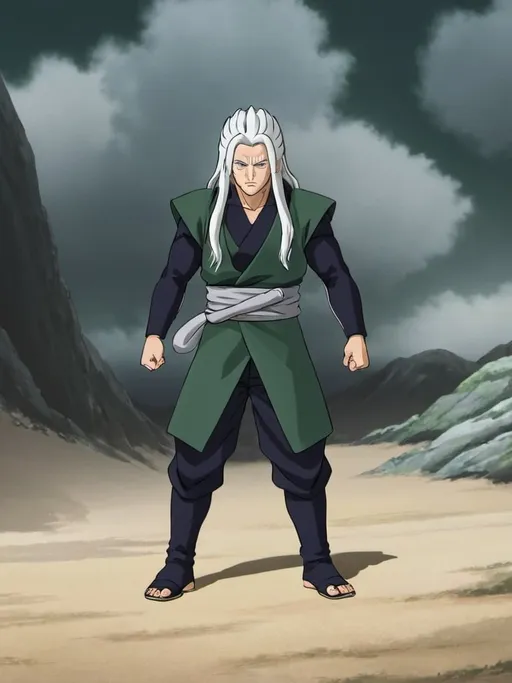 Prompt: Senju hashirama white hair, sage mode wearing dark green armor
