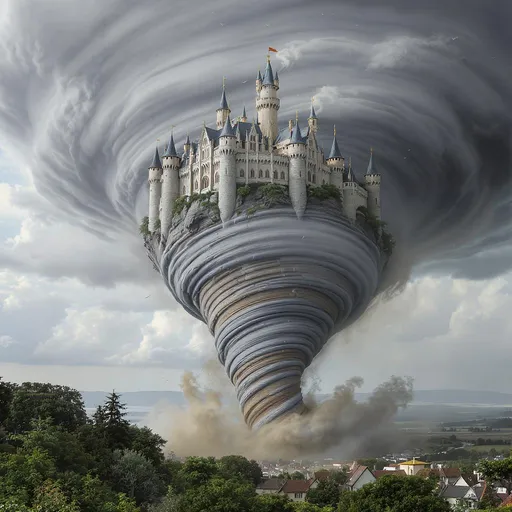 Prompt: erstelle ein bild von einer burg die auf einem tornado drauf ist
