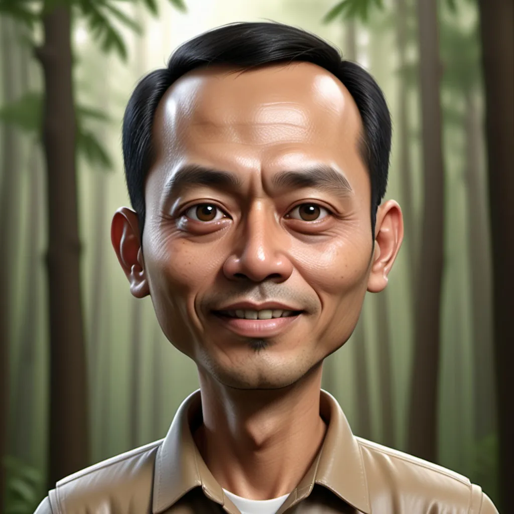 Prompt: realistic 3d caricature.  A 40 year old Indonesian man. tall, slightly thin body, slightly oval face shape. oval chin, handsome, slightly round eyes, brown skin, faint smile, wearing anti-terror clothing, clearly visible body position. forest background. use soft photography lighting with hair lights, edge and top lights. photos with very high detail