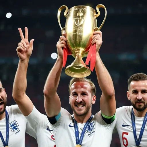 Prompt: Harry Kane lifting the trophy after winning Euro 2024 for England against Spain