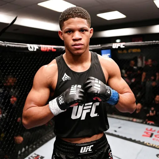 Prompt: Devin Haney preparing to fight, with UFC gloves and ufc attire