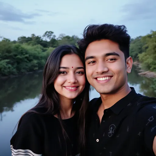 Prompt: A serene moment unfolds by the riverbank, where two young individuals pose together for a selfie, exuding warmth and camaraderie. The young woman, with long dark hair and a subtle smile, leans slightly toward her companion, dressed in a black top adorned with soft pastel stripes. Her delicate bindi adds a cultural touch to her cheerful expression. Beside her, the young man flashes a bright smile, sporting a black graphic shirt that complements the lush greenery behind them. The dusk sky casts a gentle light over the scene, while the calm water reflects a tranquil ambiance, capturing the essence of their shared experience amidst nature's beauty.