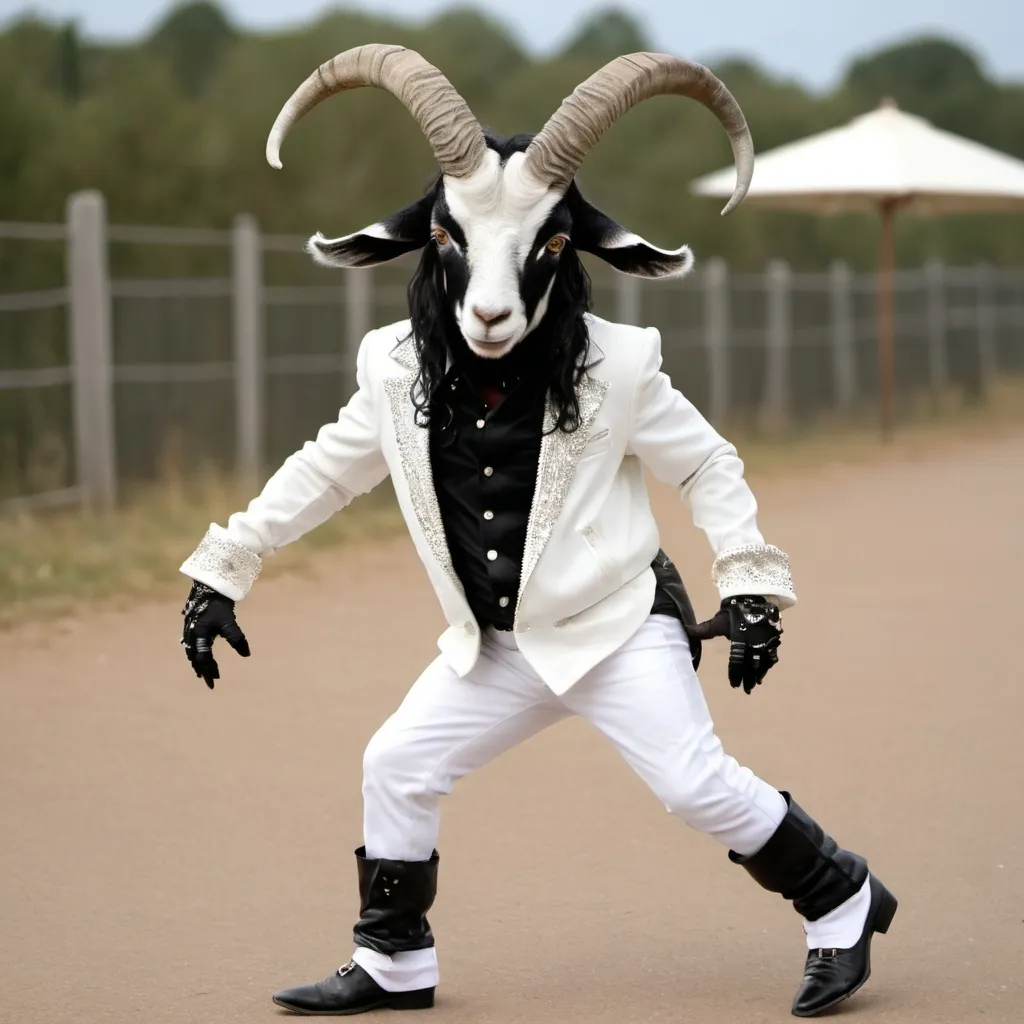 Prompt: A horned goat dressed like Michael Jackson and doing a moonwalk.