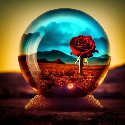 Prompt: a desolent dessert encased in a glass orb, vivid colorful glass red rose in front focus,  high fantasy, ambient lighting

