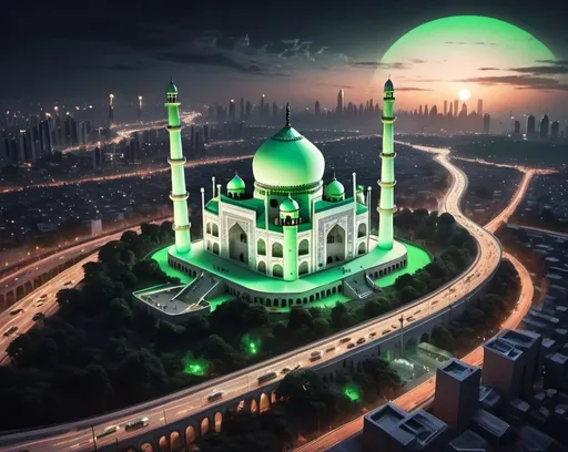 Prompt: A future city with cream off white glow  with Glowing Green color Taj mahal like structure on top of a hill,  in the crowds with high building like cyber punk style with modern fly transportation, Glowing white and grey colors,  on highway traffic. View from above, midnight sky.