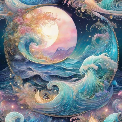 Prompt: insanely detailed gorgeous sparkling pastel yin yang with one side as pastel waving sea tides, waves  and other side with pastel ocean, surrounded by glowing illuminated sparkles, Stylized watercolor, iridescent, Fantastical, Intricate, Fantasycore, Scenic, Hyperdetailed, Royo, Bagshaw, Chevrier, Ferri, Kaluta, Minguez, glowing edges, beautiful pastel colors, Mucha, Cina. Cinematic, WLOP