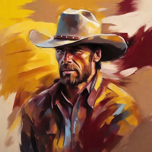 Prompt: Portrait Rodeo, western culture outlaw, badass, fauvism, bright colors expressive brushstrokes, backdrop soft yellow brown maroon gradient