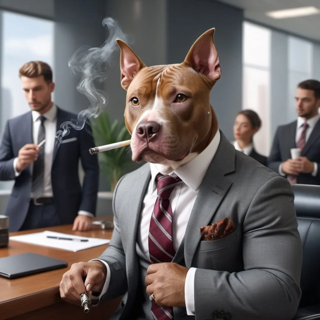 Prompt: A pit bull wearing tie and suit, smoking a pipe,  and working in a corporate environment, photorealism, High definition, 8k, cute, corporate chic, surrounded by ladies staff 
