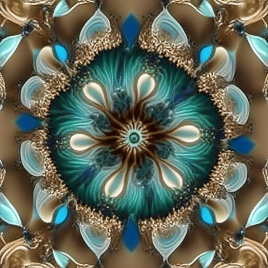 Prompt: abstract fractal art with 3D shapes, kaleidoscope,  using  blue, green, light brown, marine colors <mymodel>