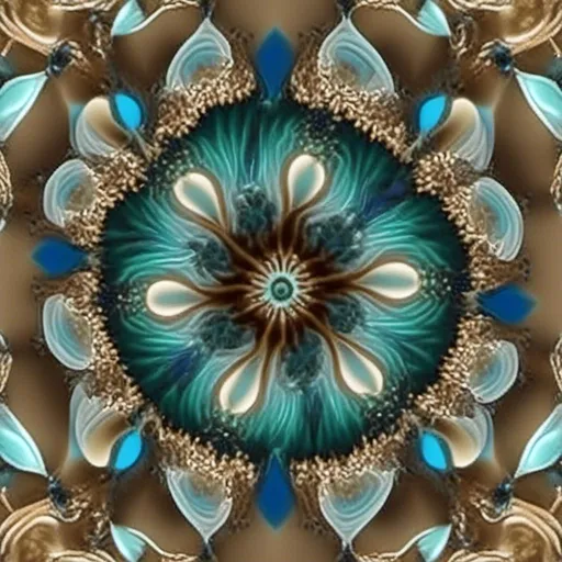 Prompt: abstract fractal art with 3D shapes, kaleidoscope,  using  blue, green, light brown, marine colors <mymodel>
