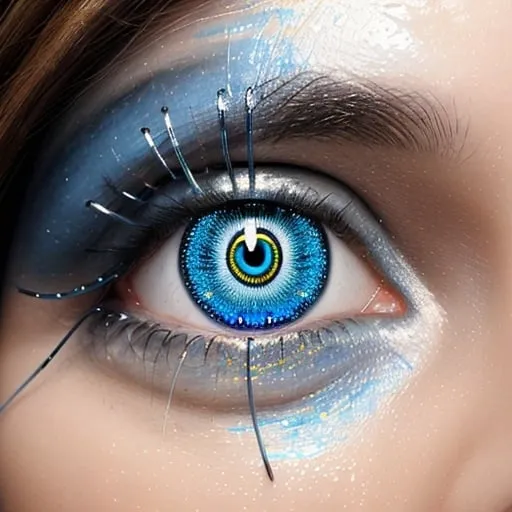 Prompt: a woman's face is futuristically transformed into a chrome-plated structure covered in wires. The left blue eye is shown in photo-realistic detail. the right eye futuristic. It is surrounded by silver and gold detailed small shapes against an abstract background that depicts dark yellow tones as dripping paint