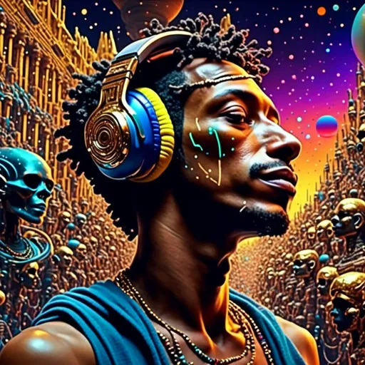 Prompt: <mymodel> multicolored  Metrosexual man with vivid colored  headphone, lost in the  thoughts of futuristic cars, spaceships, Egyptian pharos, Egyptian Mummies, all in background  of  Gold, shiny, glittery,  4k, draw style, 